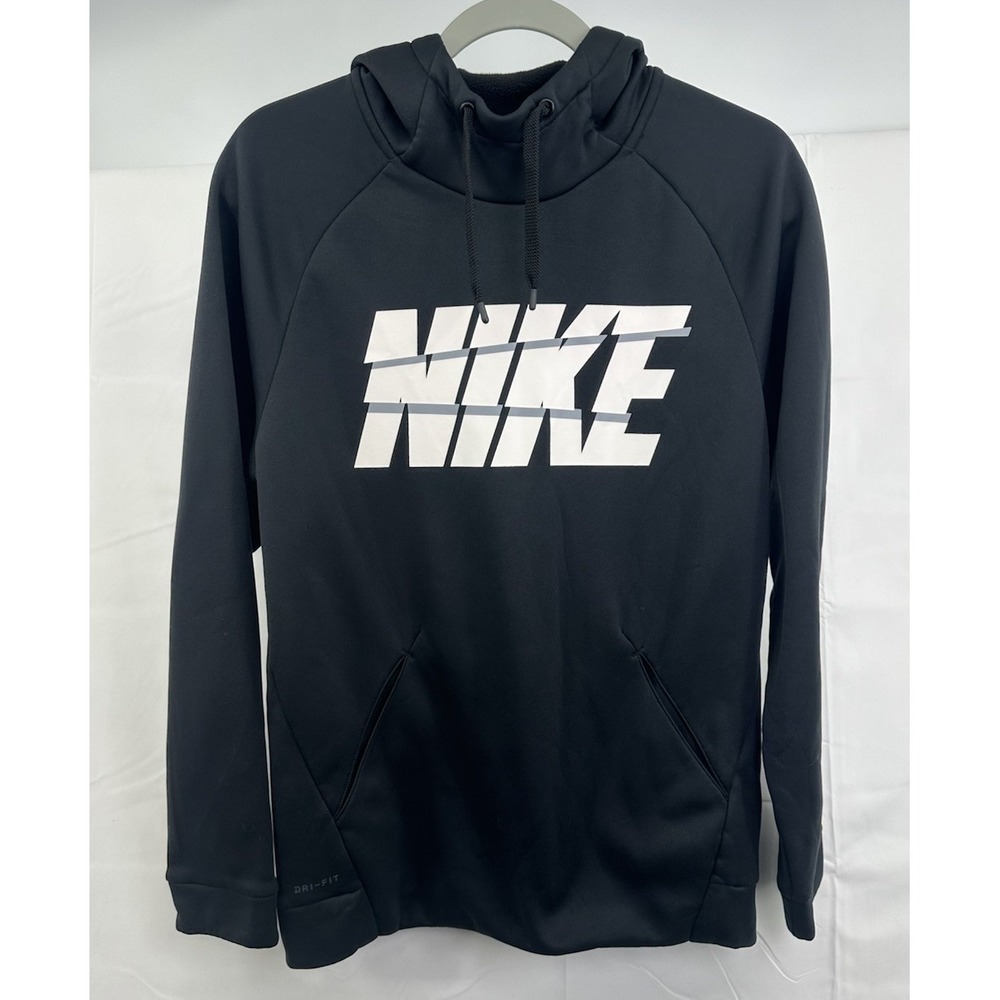 Nike Dri-Fit Pullover Black Logo Hooded Sweatshirt Men's Small With Pockets